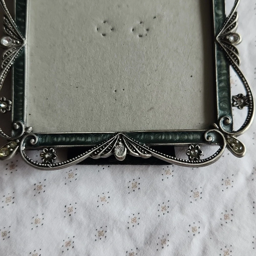 Vintage Green Enamel Ornate Rhinestone Elegant Square Photo Frame